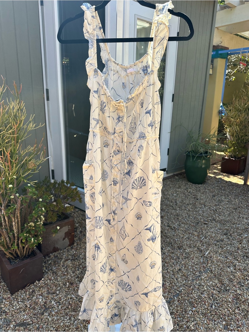 Kimchi Blue Cream Maxi Dress with Navy Shell Print